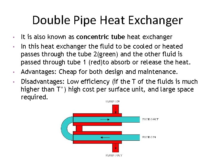 Double Pipe Heat Exchanger • • It is also known as concentric tube heat