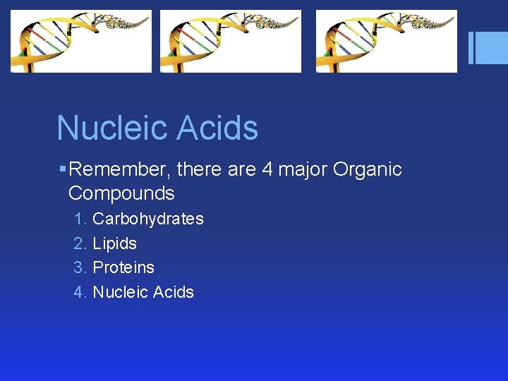 Nucleic Acids § Remember, there are 4 major Organic Compounds 1. Carbohydrates 2. Lipids