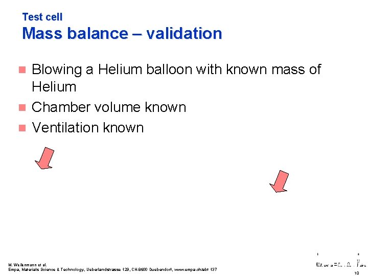 Test cell Mass balance – validation Blowing a Helium balloon with known mass of