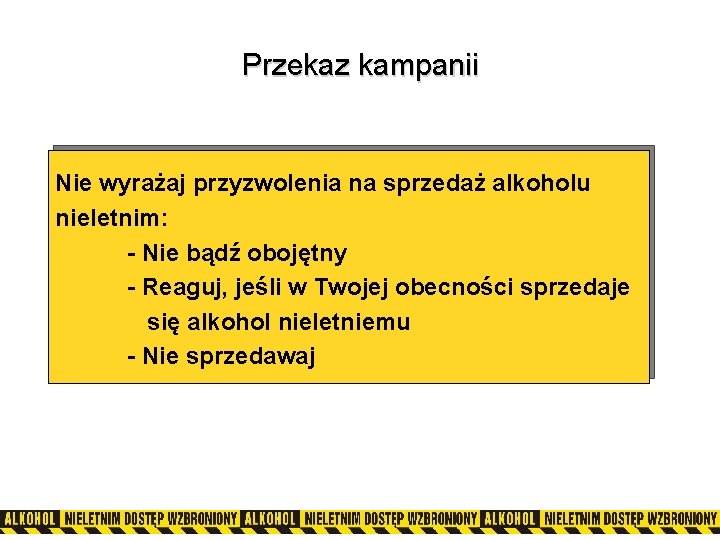 Przekaz kampanii Nie wyrażaj przyzwolenia na sprzedaż alkoholu nieletnim: - Nie bądź obojętny -