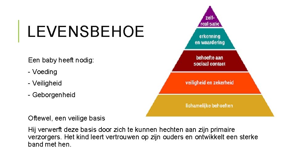 LEVENSBEHOEFTEN Een baby heeft nodig: - Voeding - Veiligheid - Geborgenheid Oftewel, een veilige