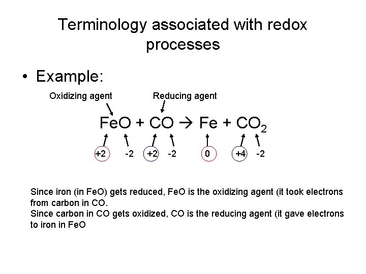 Terminology associated with redox processes • Example: Oxidizing agent Reducing agent Fe. O +