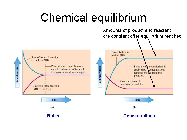 Chemical equilibrium Amounts of product and reactant are constant after equilibrium reached Rates Concentrations