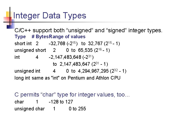 Integer Data Types C/C++ support both “unsigned” and “signed” integer types. Type # Bytes.
