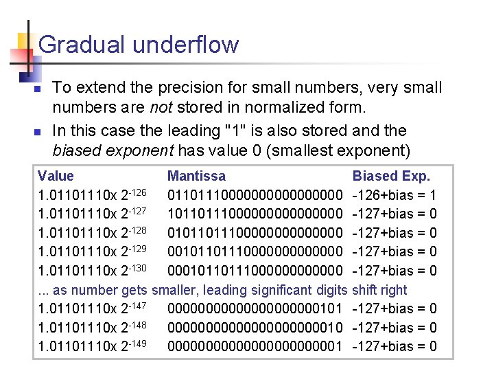 Gradual underflow n n To extend the precision for small numbers, very small numbers