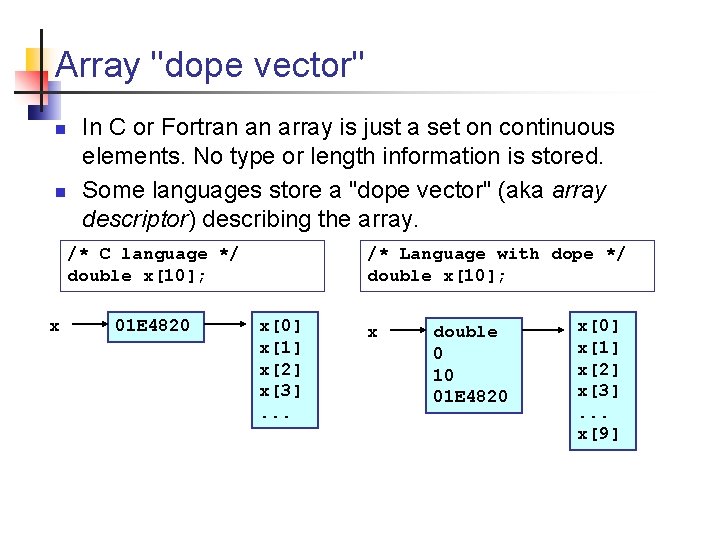 Array "dope vector" n n In C or Fortran an array is just a