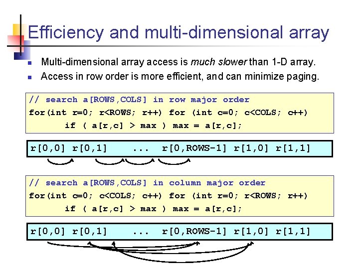 Efficiency and multi-dimensional array n n Multi-dimensional array access is much slower than 1