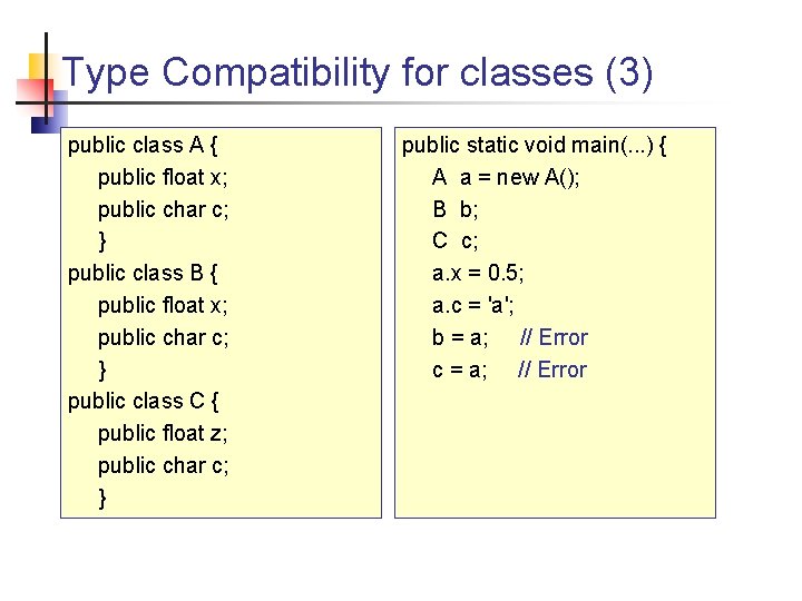 Type Compatibility for classes (3) public class A { public float x; public char