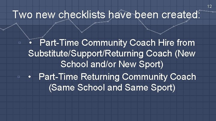 Two new checklists have been created: ▫ • Part-Time Community Coach Hire from Substitute/Support/Returning