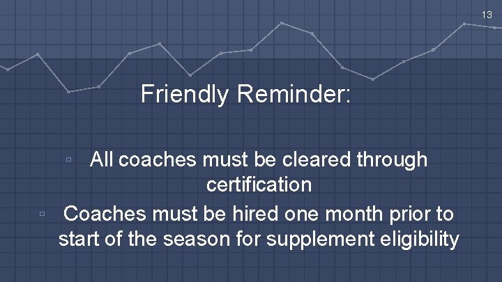 13 Friendly Reminder: ▫ All coaches must be cleared through certification ▫ Coaches must