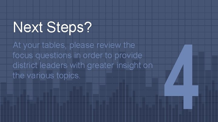 Next Steps? At your tables, please review the focus questions in order to provide
