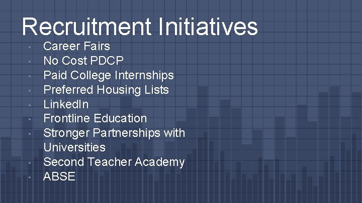 Recruitment Initiatives • • • Career Fairs No Cost PDCP Paid College Internships Preferred