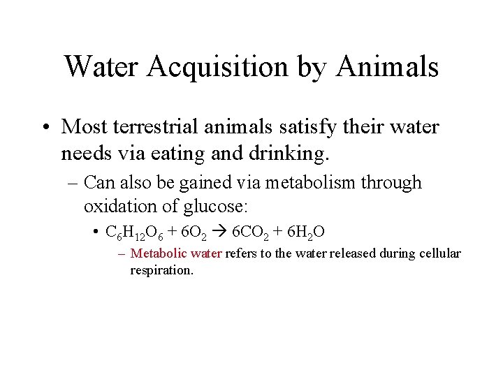 Water Acquisition by Animals • Most terrestrial animals satisfy their water needs via eating