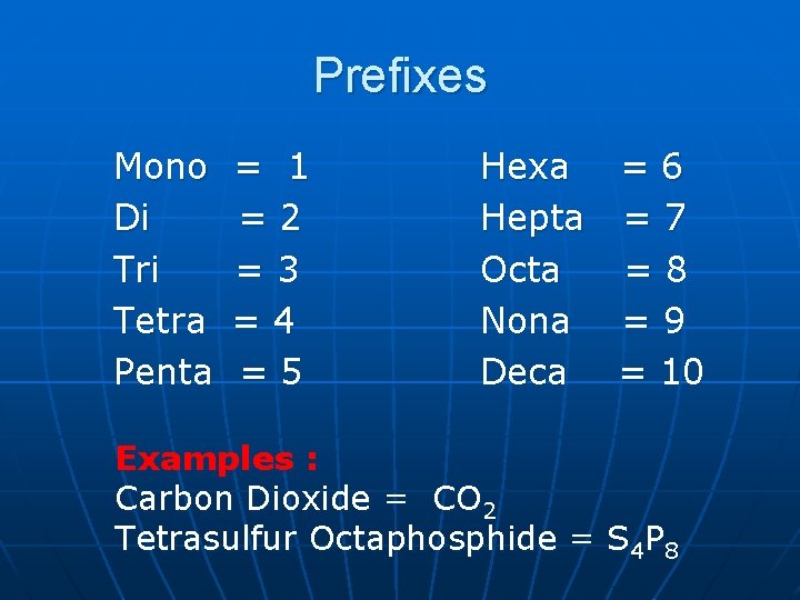 Prefixes Mono Di Tri Tetra Penta = 1 =2 =3 =4 =5 Hexa =