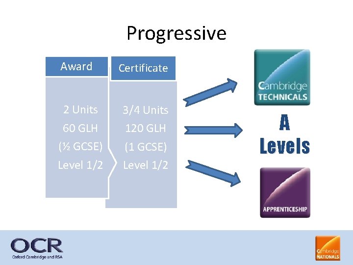 Progressive Award 2 Units 60 GLH (½ GCSE) Level 1/2 Certificate 3/4 Units 120
