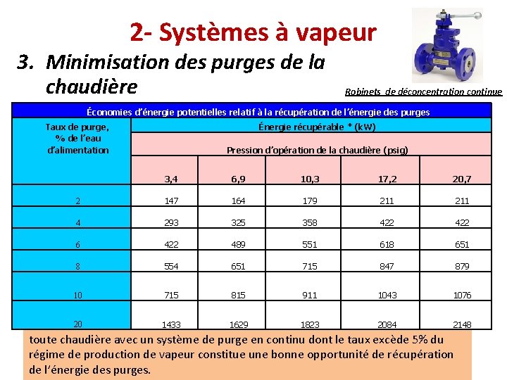 2 - Systèmes à vapeur 3. Minimisation des purges de la chaudière Robinets de