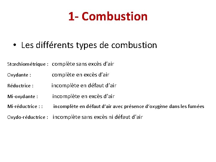 1 - Combustion • Les différents types de combustion Stœchiométrique : complète sans excès