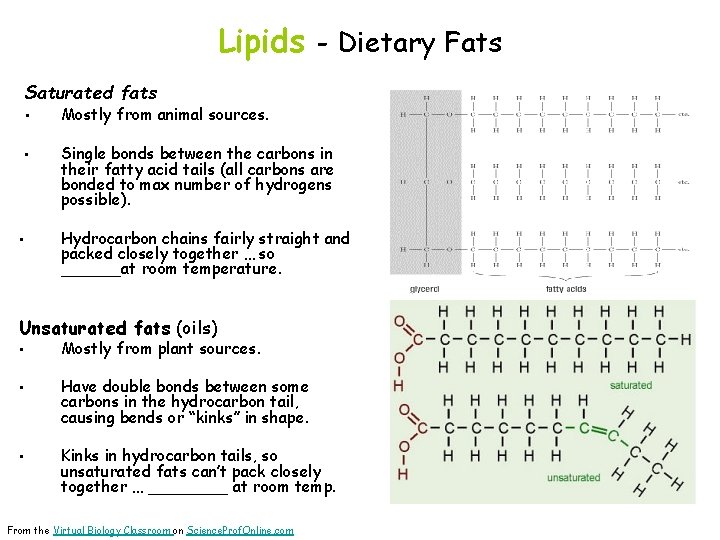 Lipids - Dietary Fats Saturated fats • • Mostly from animal sources. • Single