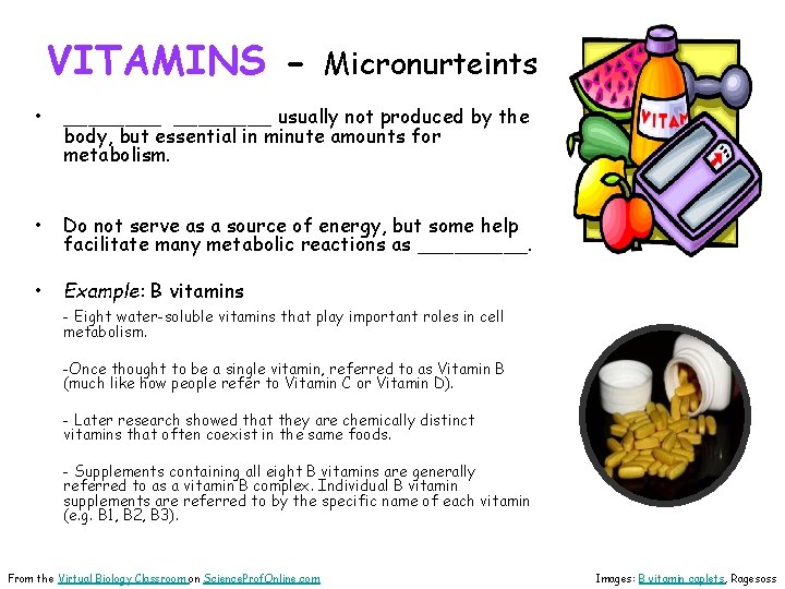 VITAMINS - Micronurteints • ________ usually not produced by the body, but essential in