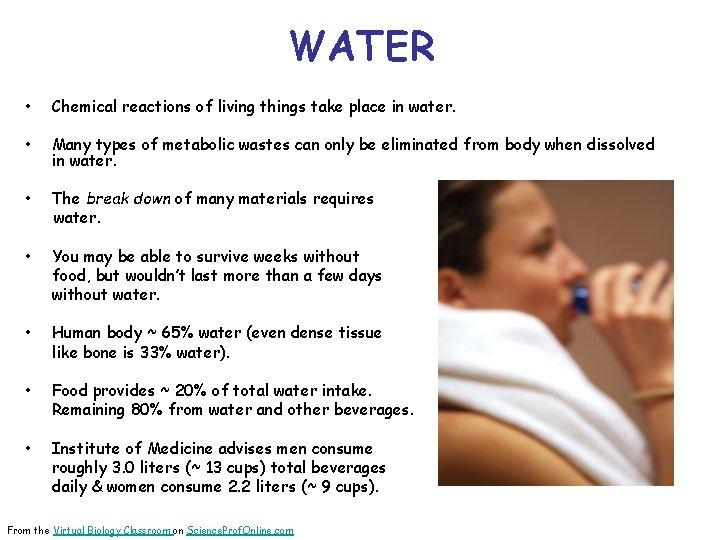 WATER • Chemical reactions of living things take place in water. • Many types