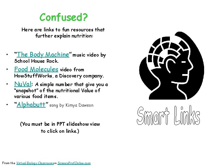 Confused? Here are links to fun resources that further explain nutrition: • “The Body