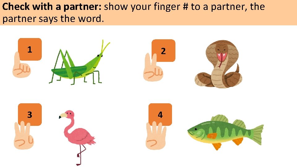 Check with a partner: show your finger # to a partner, the partner says