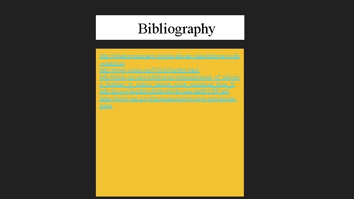 Bibliography http: //whatsyourimpact. org/greenhouse-gases/nitrous-oxide -emissions http: //www. ciesin. org/TG/AG/nitfert. html http: //msue. anr. msu.