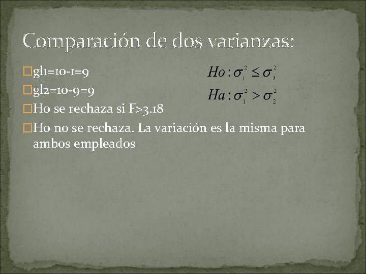 Comparación de dos varianzas: �gl 1=10 -1=9 �gl 2=10 -9=9 �Ho se rechaza si