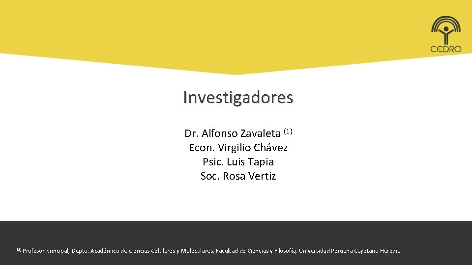 Investigadores Dr. Alfonso Zavaleta (1) Econ. Virgilio Chávez Psic. Luis Tapia Soc. Rosa Vertiz