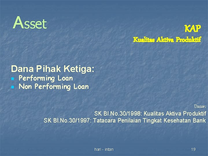 Asset KAP Kualitas Aktiva Produktif Dana Pihak Ketiga: n n Performing Loan Non Performing