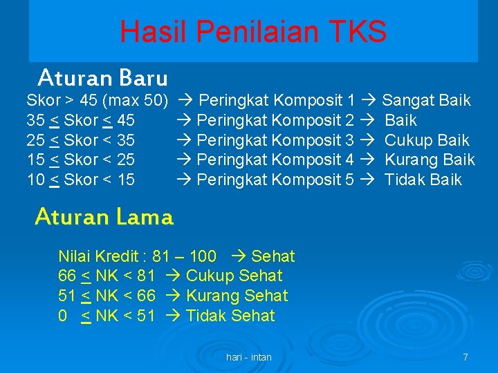 Hasil Penilaian TKS Aturan Baru Skor > 45 (max 50) 35 < Skor <