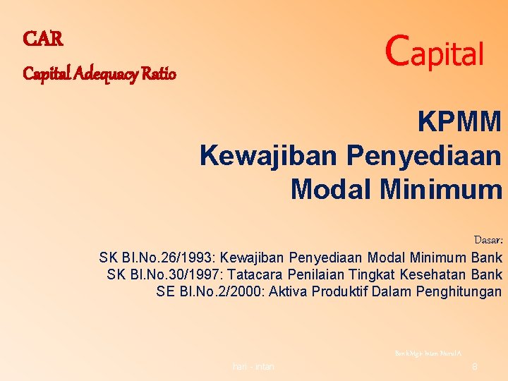 CAR Capital Adequacy Ratio KPMM Kewajiban Penyediaan Modal Minimum Dasar: SK BI. No. 26/1993: