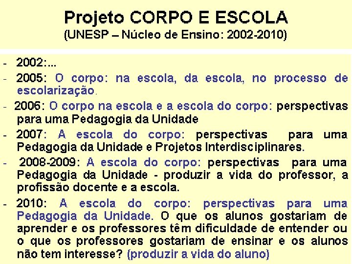 Projeto CORPO E ESCOLA (UNESP – Núcleo de Ensino: 2002 -2010) - 2002: .