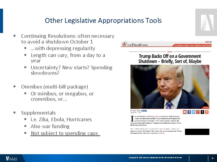 Other Legislative Appropriations Tools § Continuing Resolutions: often necessary to avoid a shutdown October