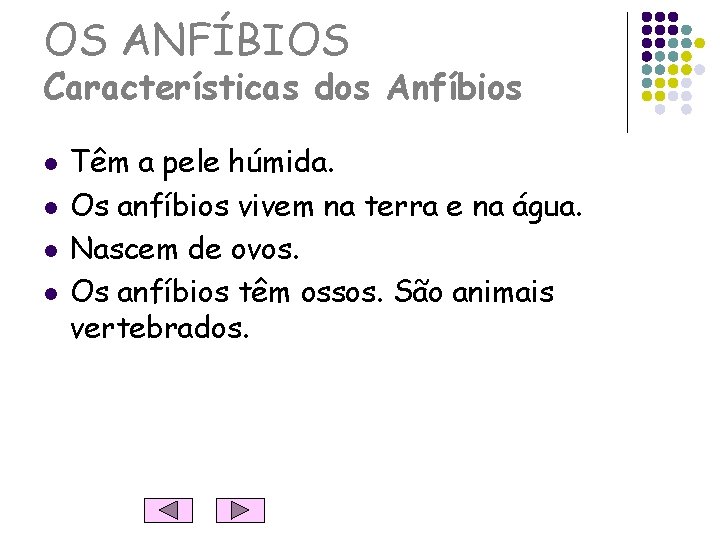 OS ANFÍBIOS Características dos Anfíbios l l Têm a pele húmida. Os anfíbios vivem