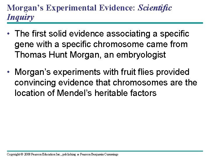 Morgan’s Experimental Evidence: Scientific Inquiry • The first solid evidence associating a specific gene