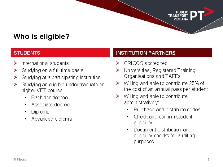 Who is eligible? STUDENTS INSTITUTION PARTNERS Ø Ø Ø CRICOS accredited Ø Universities, Registered