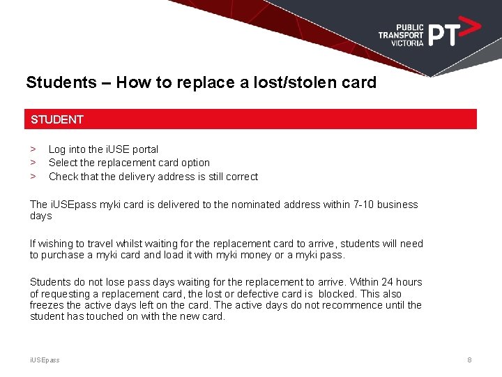 Students – How to replace a lost/stolen card STUDENT > > > Log into