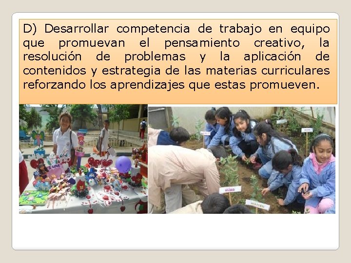 D) Desarrollar competencia de trabajo en equipo que promuevan el pensamiento creativo, la resolución