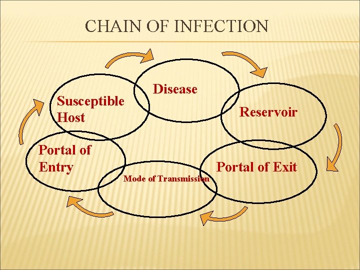 CHAIN OF INFECTION Susceptible Host Portal of Entry Disease Mode of Transmission Reservoir Portal