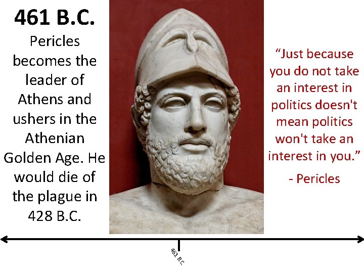 461 B. C. Pericles becomes the leader of Athens and ushers in the Athenian