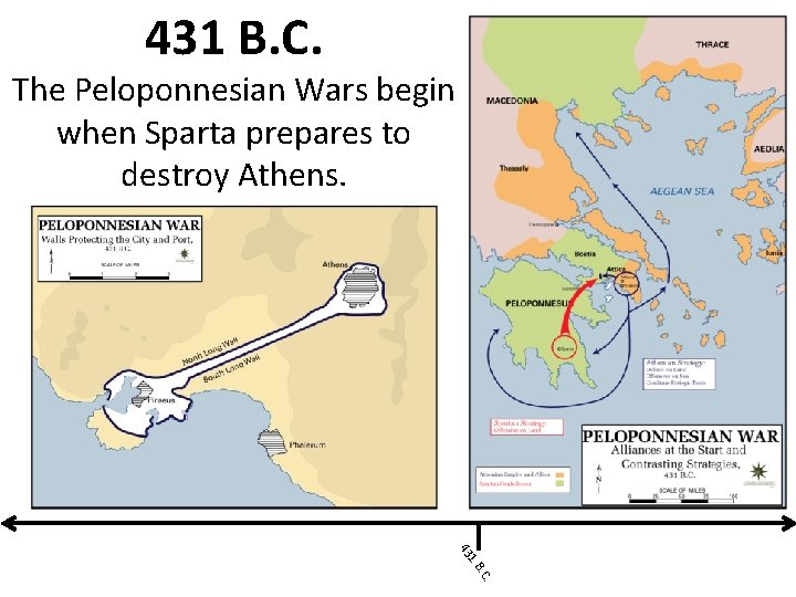 431 B. C. The Peloponnesian Wars begin when Sparta prepares to destroy Athens. 1