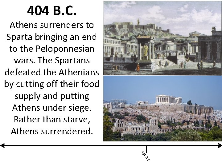 404 B. C. Athens surrenders to Sparta bringing an end to the Peloponnesian wars.