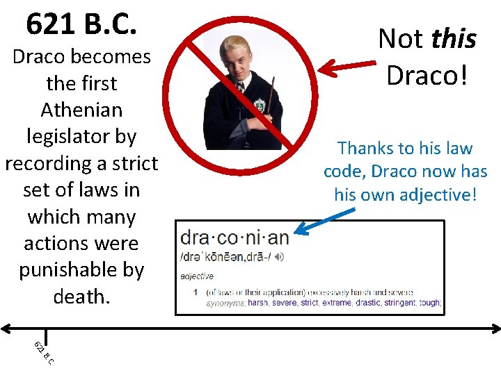 621 B. C. Draco becomes the first Athenian legislator by recording a strict set