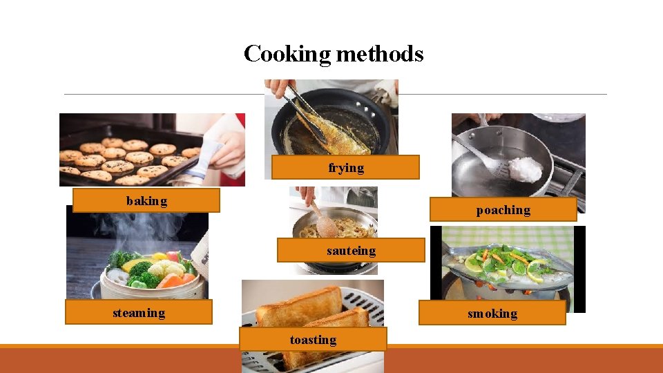 Cooking methods frying baking poaching sauteing steaming smoking toasting 