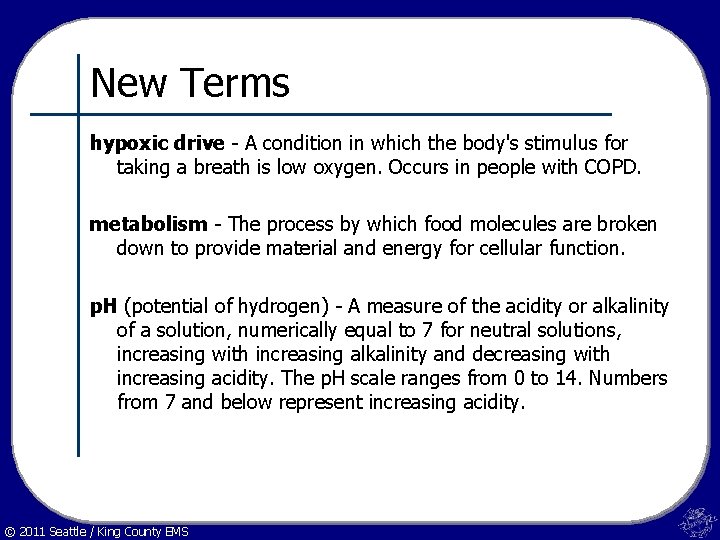 New Terms hypoxic drive - A condition in which the body's stimulus for taking