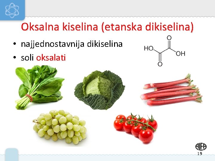 Oksalna kiselina (etanska dikiselina) • najjednostavnija dikiselina • soli oksalati 19 Oksalna kiselina (etanska dikiselina) • najjednostavnija dikiselina • soli oksalati 19
