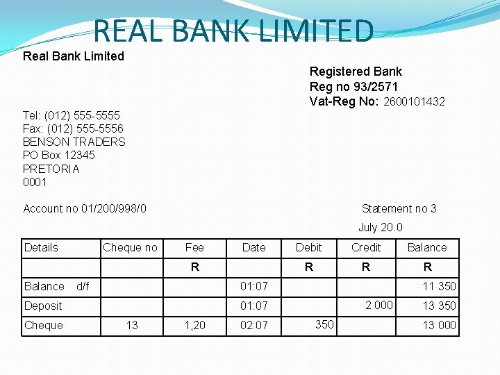 REAL BANK LIMITED Real Bank Limited Registered Bank Reg no 93/2571 Vat-Reg No: 2600101432