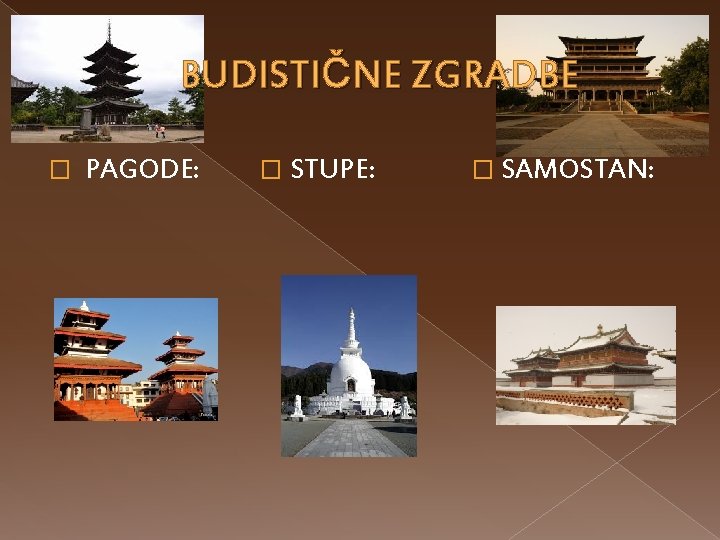 BUDISTIČNE ZGRADBE � PAGODE: � STUPE: � SAMOSTAN: 
