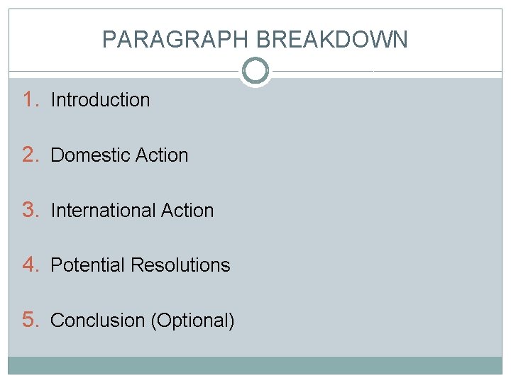 PARAGRAPH BREAKDOWN 1. Introduction 2. Domestic Action 3. International Action 4. Potential Resolutions 5.